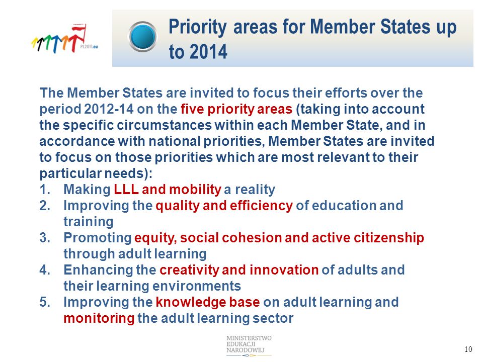 10 The Member States are invited to focus their efforts over the period on the five priority areas (taking into account the specific circumstances within each Member State, and in accordance with national priorities, Member States are invited to focus on those priorities which are most relevant to their particular needs): 1.Making LLL and mobility a reality 2.Improving the quality and efficiency of education and training 3.Promoting equity, social cohesion and active citizenship through adult learning 4.Enhancing the creativity and innovation of adults and their learning environments 5.Improving the knowledge base on adult learning and monitoring the adult learning sector Priority areas for Member States up to 2014