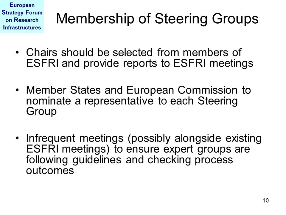 10 Membership of Steering Groups Chairs should be selected from members of ESFRI and provide reports to ESFRI meetings Member States and European Commission to nominate a representative to each Steering Group Infrequent meetings (possibly alongside existing ESFRI meetings) to ensure expert groups are following guidelines and checking process outcomes