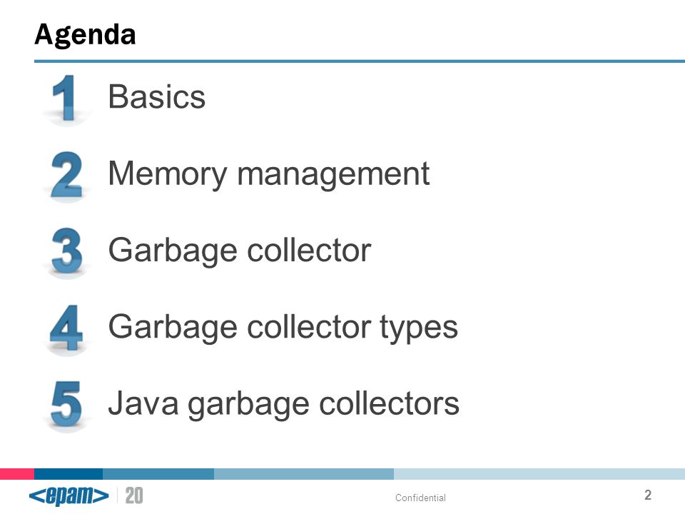 Agenda Confidential 2 Basics Memory management Garbage collector Garbage collector types Java garbage collectors