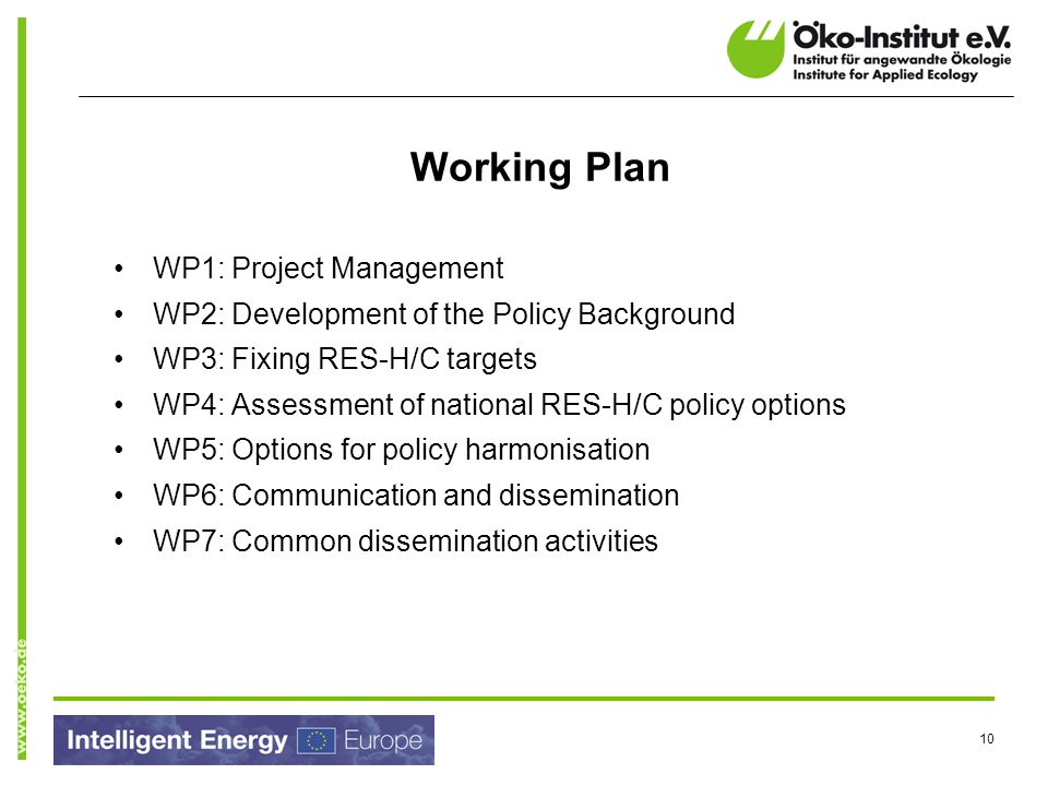 10 Working Plan WP1: Project Management WP2: Development of the Policy Background WP3: Fixing RES-H/C targets WP4: Assessment of national RES-H/C policy options WP5: Options for policy harmonisation WP6: Communication and dissemination WP7: Common dissemination activities