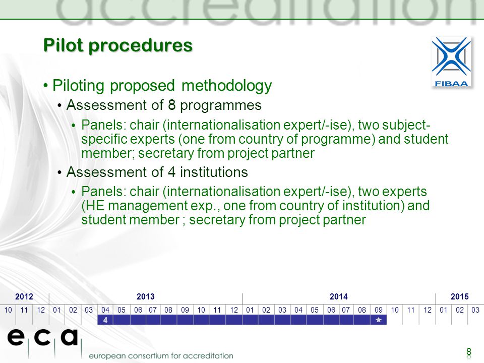 Pilot procedures Piloting proposed methodology Assessment of 8 programmes Panels: chair (internationalisation expert/-ise), two subject- specific experts (one from country of programme) and student member; secretary from project partner Assessment of 4 institutions Panels: chair (internationalisation expert/-ise), two experts (HE management exp., one from country of institution) and student member ; secretary from project partner 