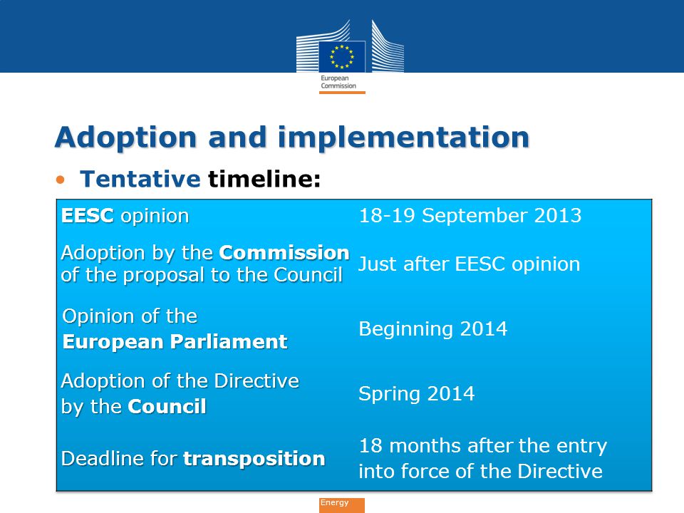 Adoption and implementation Tentative timeline: