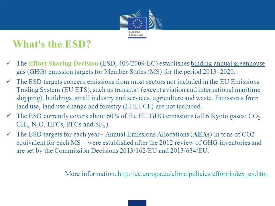 The Effort Sharing Decision (ESD, 406/2009/EC) establishes binding annual greenhouse gas (GHG) emission targets for Member States (MS) for the period 2013–2020.