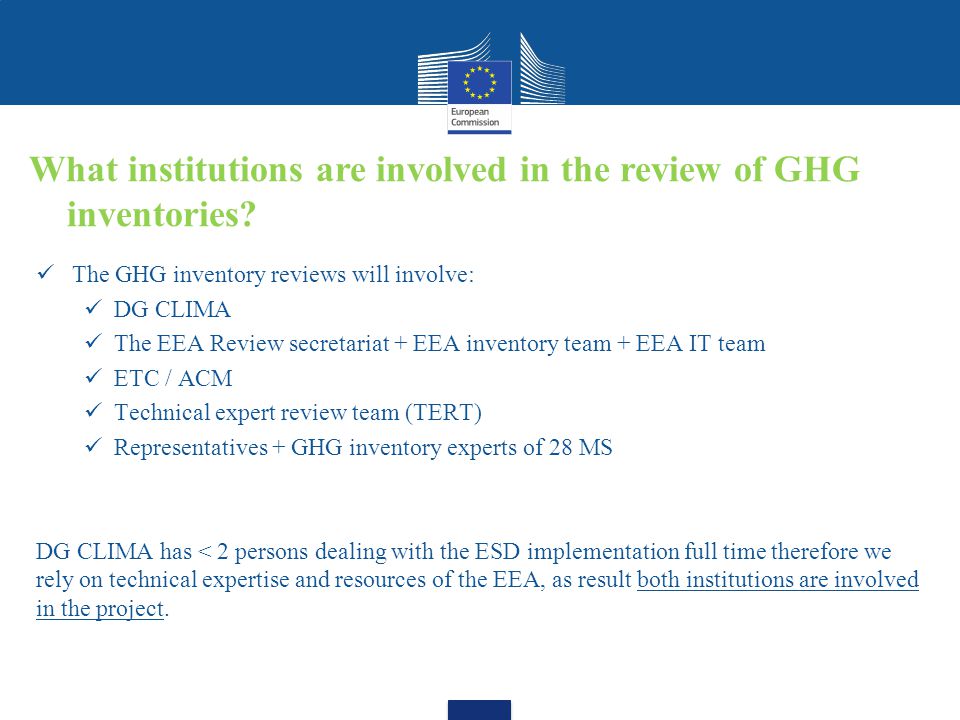 The GHG inventory reviews will involve: DG CLIMA The EEA Review secretariat + EEA inventory team + EEA IT team ETC / ACM Technical expert review team (TERT) Representatives + GHG inventory experts of 28 MS DG CLIMA has < 2 persons dealing with the ESD implementation full time therefore we rely on technical expertise and resources of the EEA, as result both institutions are involved in the project.