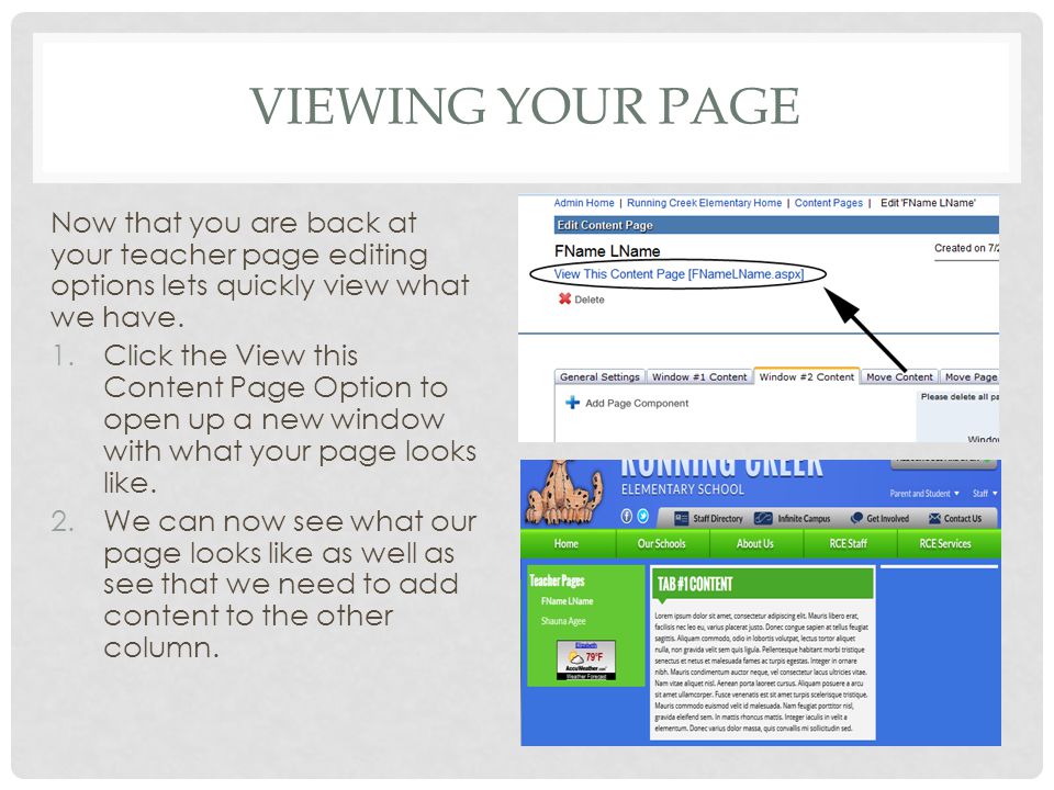 VIEWING YOUR PAGE Now that you are back at your teacher page editing options lets quickly view what we have.