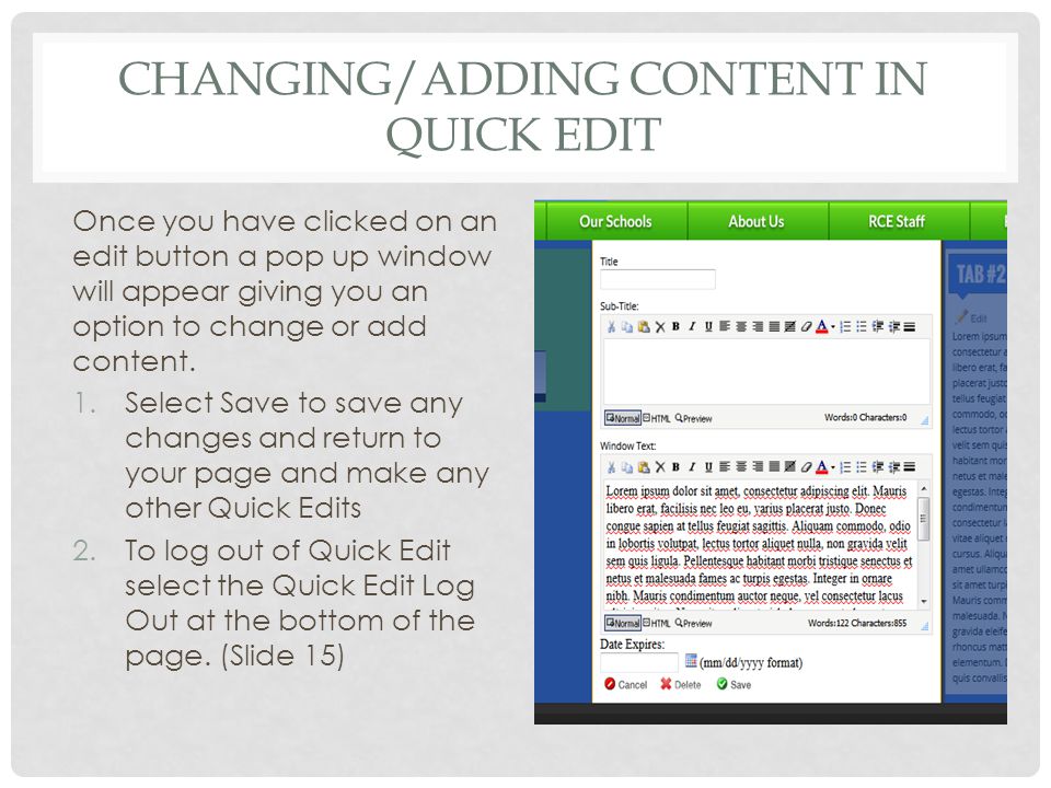CHANGING/ADDING CONTENT IN QUICK EDIT Once you have clicked on an edit button a pop up window will appear giving you an option to change or add content.