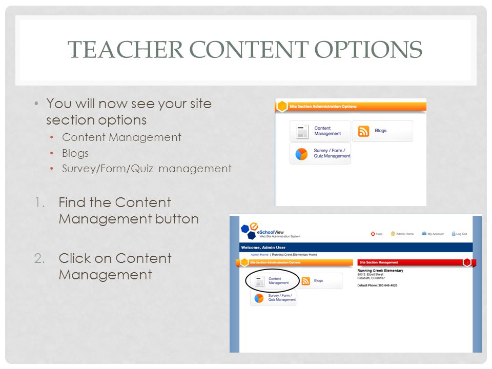 TEACHER CONTENT OPTIONS You will now see your site section options Content Management Blogs Survey/Form/Quiz management 1.Find the Content Management button 2.Click on Content Management