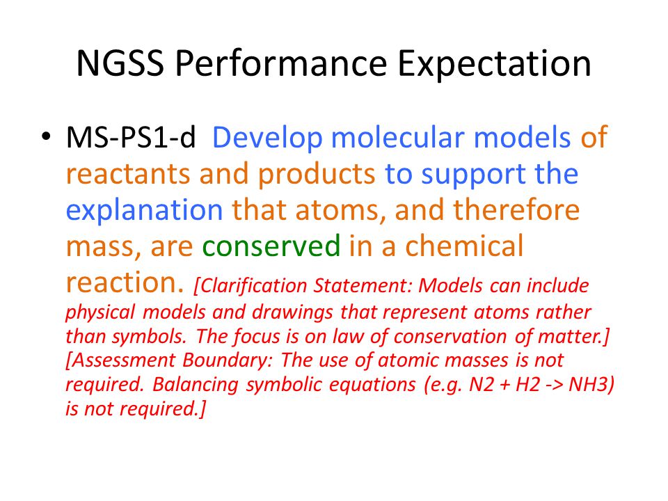 NGSS Performance Expectation MS-PS1-d Develop molecular models of reactants and products to support the explanation that atoms, and therefore mass, are conserved in a chemical reaction.