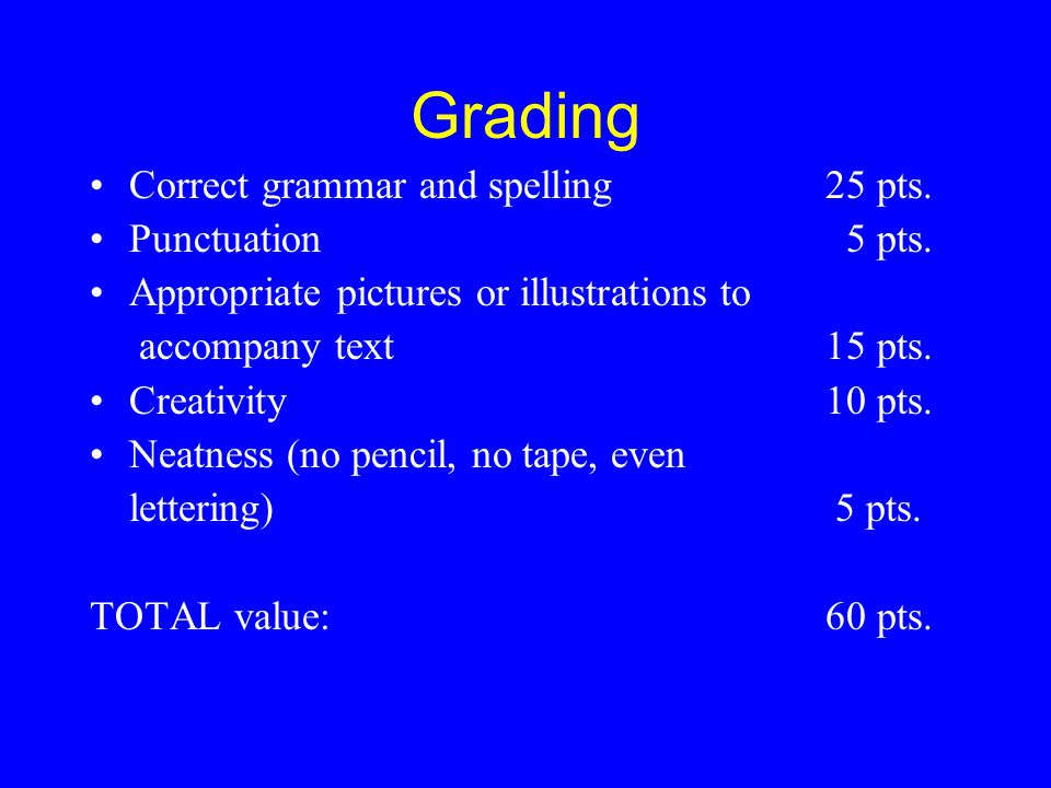 Grading Correct grammar and spelling 25 pts. Punctuation 5 pts.