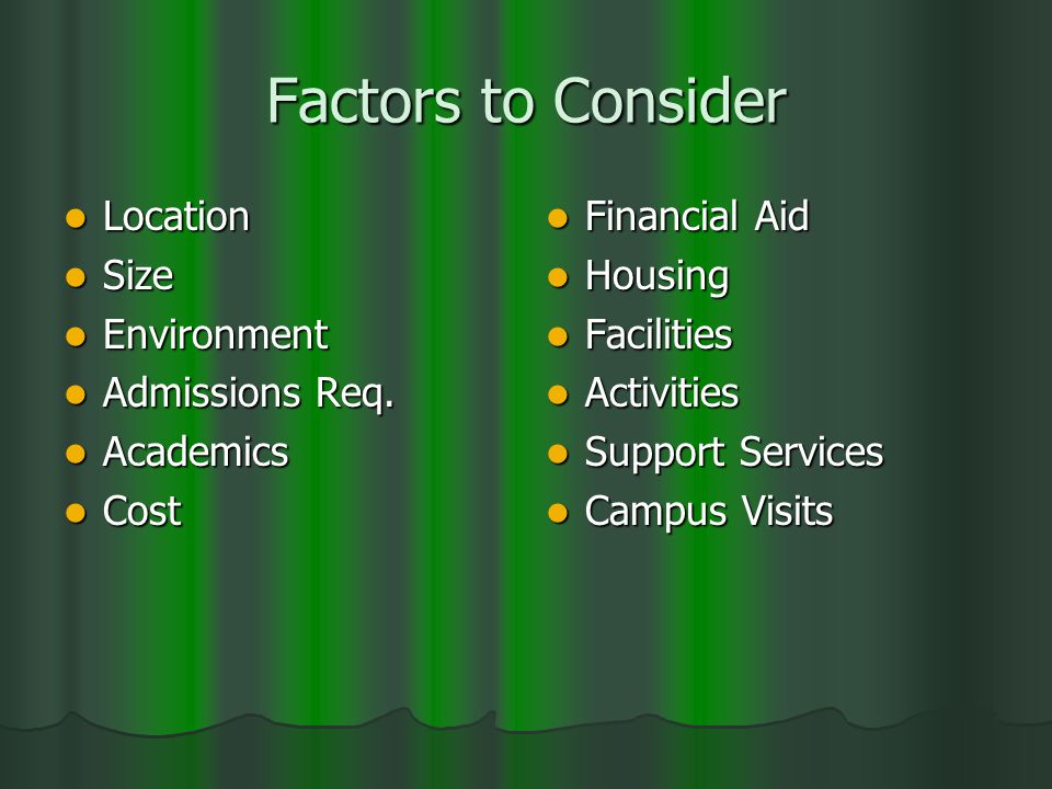 Factors to Consider Location Location Size Size Environment Environment Admissions Req.
