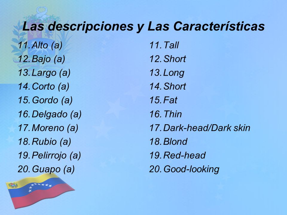 Las descripciones y Las Características 11.Alto (a) 12.Bajo (a) 13.Largo (a) 14.Corto (a) 15.Gordo (a) 16.Delgado (a) 17.Moreno (a) 18.Rubio (a) 19.Pelirrojo (a) 20.Guapo (a) 11.Tall 12.Short 13.Long 14.Short 15.Fat 16.Thin 17.Dark-head/Dark skin 18.Blond 19.Red-head 20.Good-looking