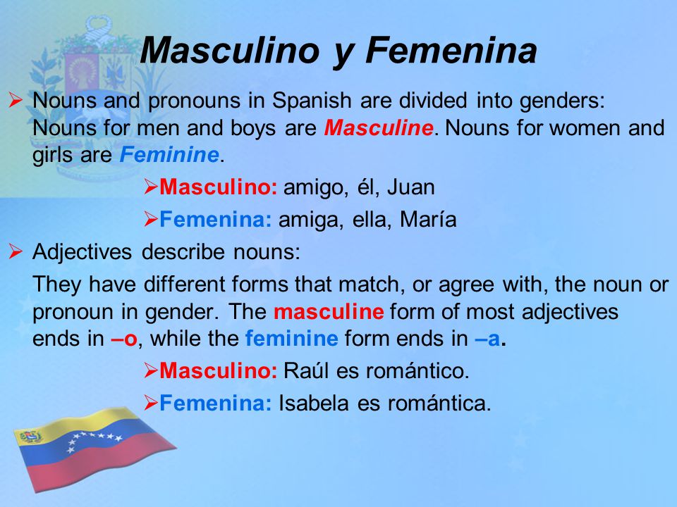 Masculino y Femenina  Nouns and pronouns in Spanish are divided into genders: Nouns for men and boys are Masculine.