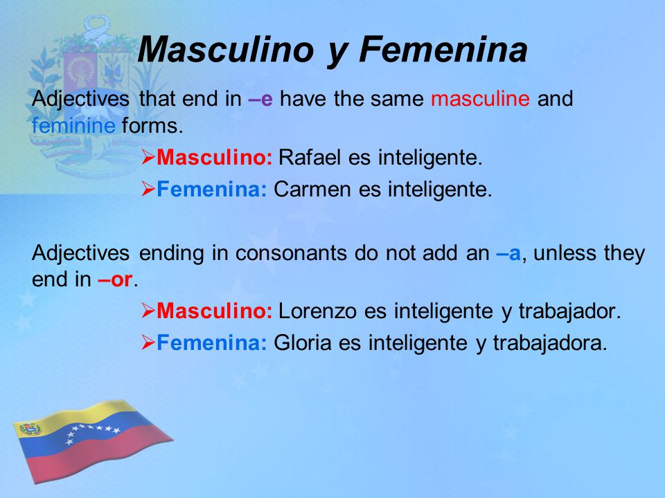 Masculino y Femenina Adjectives that end in –e have the same masculine and feminine forms.