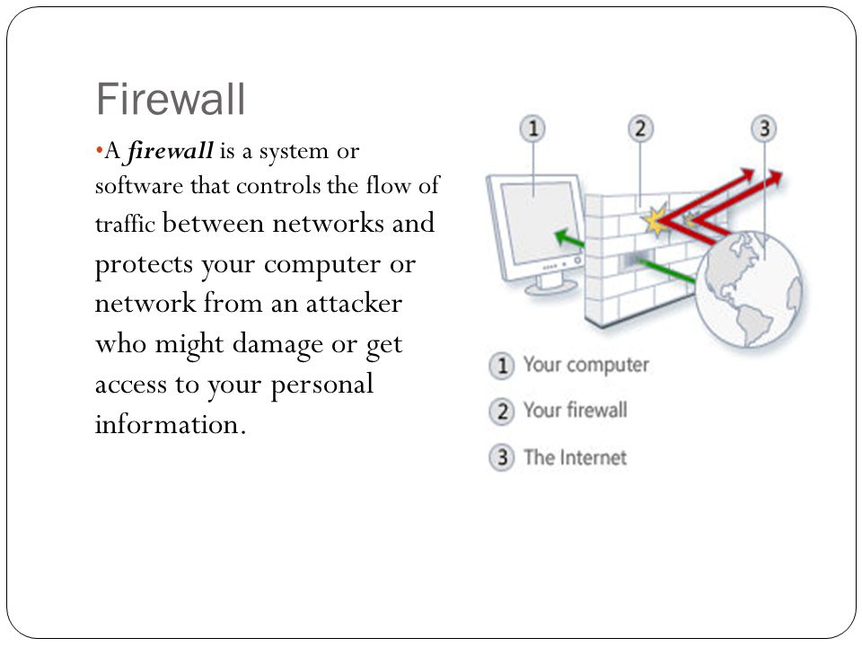 Firewall A firewall is a system or software that controls the flow of traffic between networks and protects your computer or network from an attacker who might damage or get access to your personal information.
