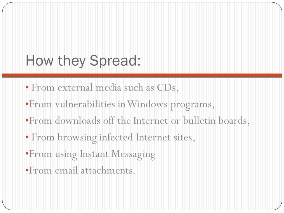 How they Spread: From external media such as CDs, From vulnerabilities in Windows programs, From downloads off the Internet or bulletin boards, From browsing infected Internet sites, From using Instant Messaging From  attachments.