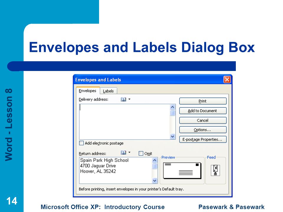 Word - Lesson 8 Microsoft Office XP: Introductory Course Pasewark & Pasewark 14 Envelopes and Labels Dialog Box