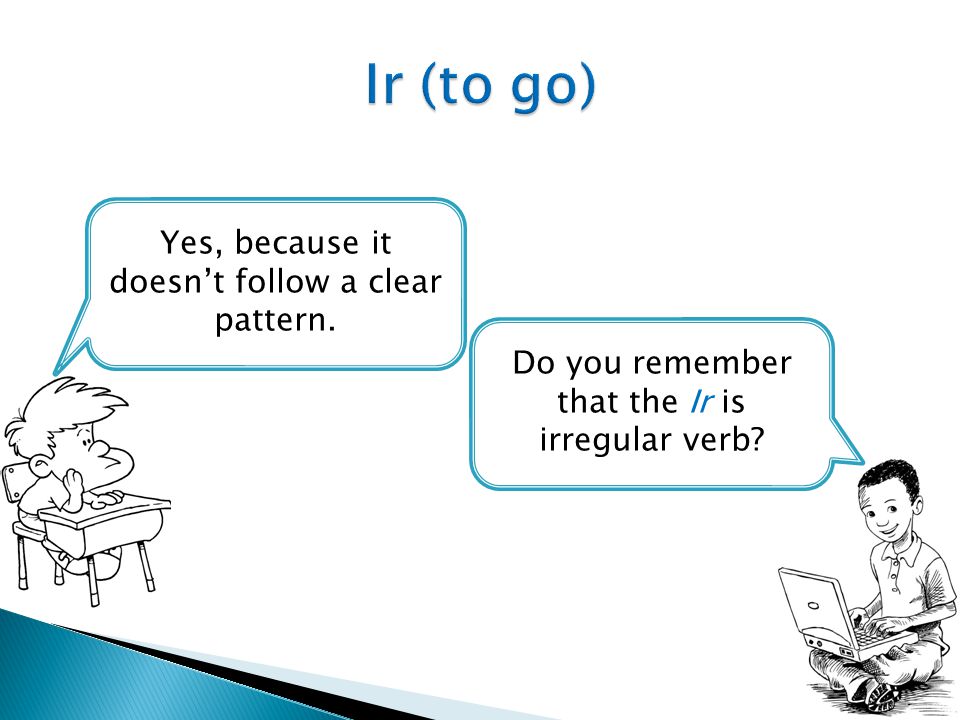 Do you remember that the Ir is irregular verb Yes, because it doesn’t follow a clear pattern.