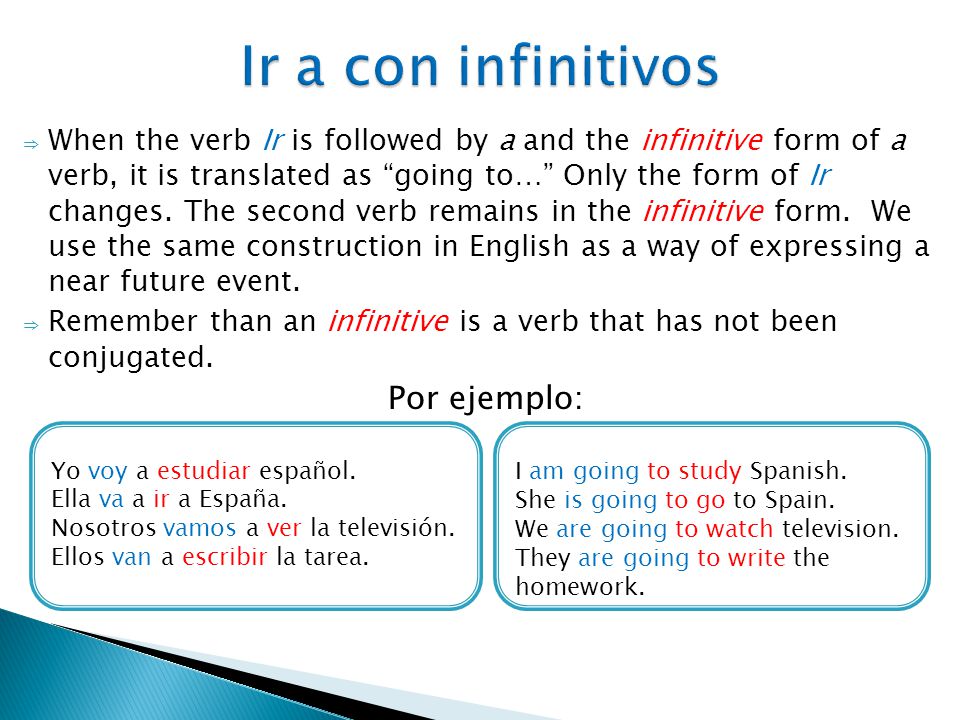 ⇒ When the verb Ir is followed by a and the infinitive form of a verb, it is translated as going to… Only the form of Ir changes.