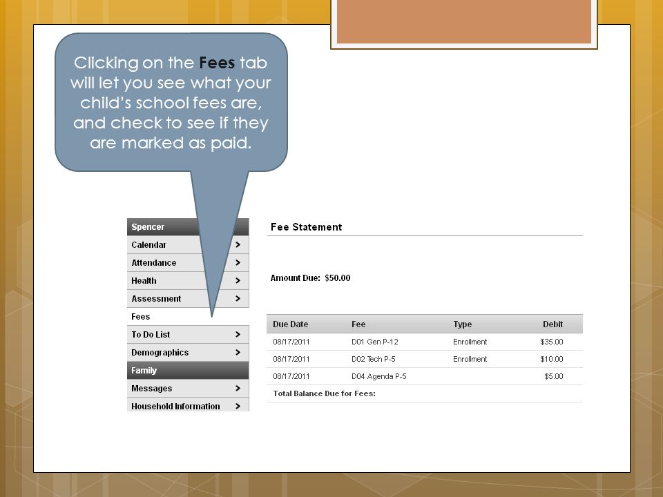 Clicking on the Fees tab will let you see what your child’s school fees are, and check to see if they are marked as paid.
