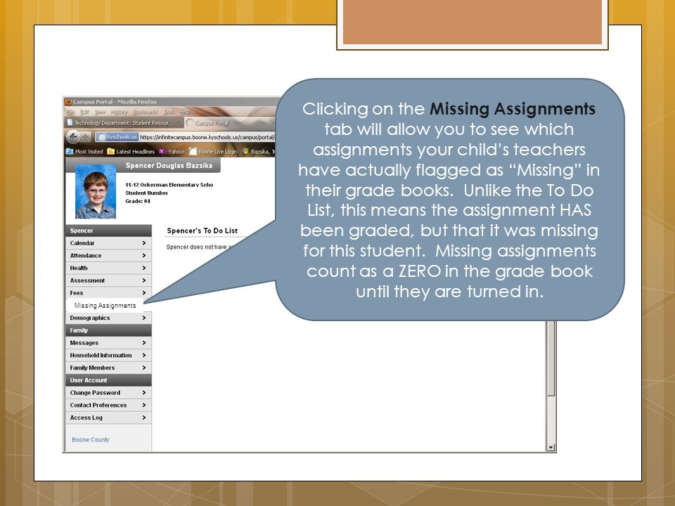 Clicking on the Missing Assignments tab will allow you to see which assignments your child’s teachers have actually flagged as Missing in their grade books.