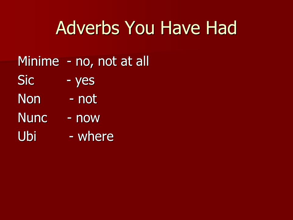 Adverbs You Have Had Minime - no, not at all Sic - yes Non - not Nunc - now Ubi - where