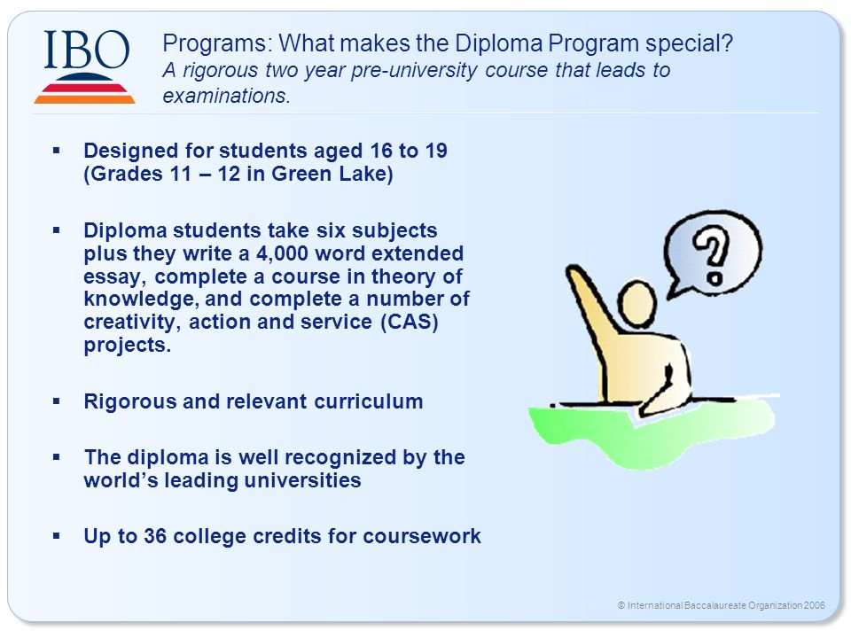 © International Baccalaureate Organization 2006 Programs: What makes the Diploma Program special.
