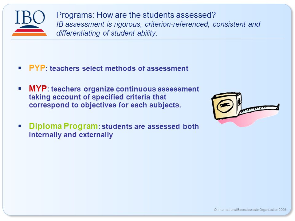 © International Baccalaureate Organization 2006 Programs: How are the students assessed.