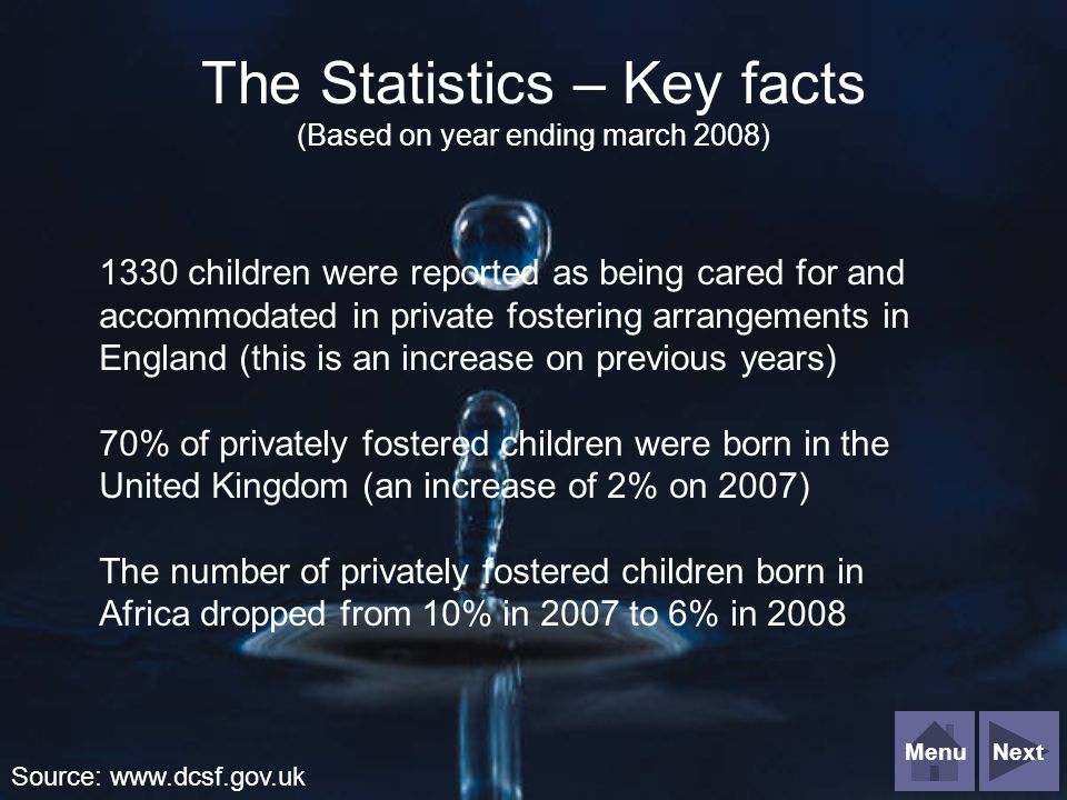 NextMenu The Statistics – Key facts (Based on year ending march 2008) 1330 children were reported as being cared for and accommodated in private fostering arrangements in England (this is an increase on previous years) 70% of privately fostered children were born in the United Kingdom (an increase of 2% on 2007) The number of privately fostered children born in Africa dropped from 10% in 2007 to 6% in 2008 Source: