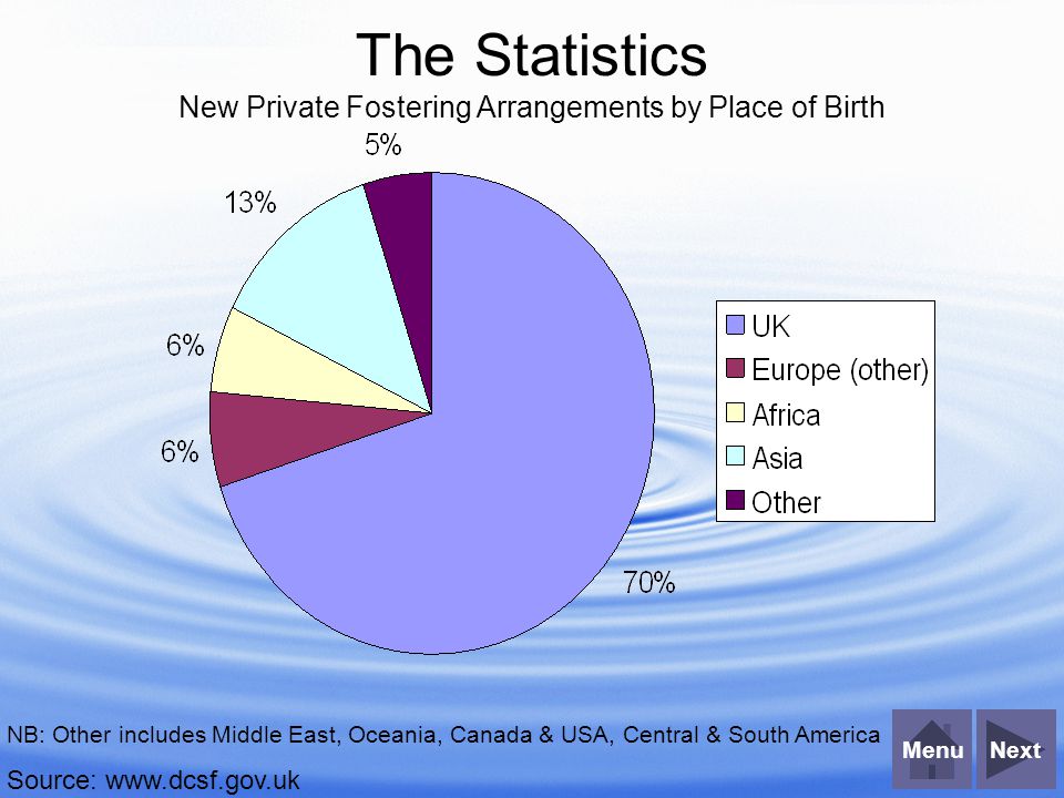 NextMenu The Statistics New Private Fostering Arrangements by Place of Birth NB: Other includes Middle East, Oceania, Canada & USA, Central & South America Source: