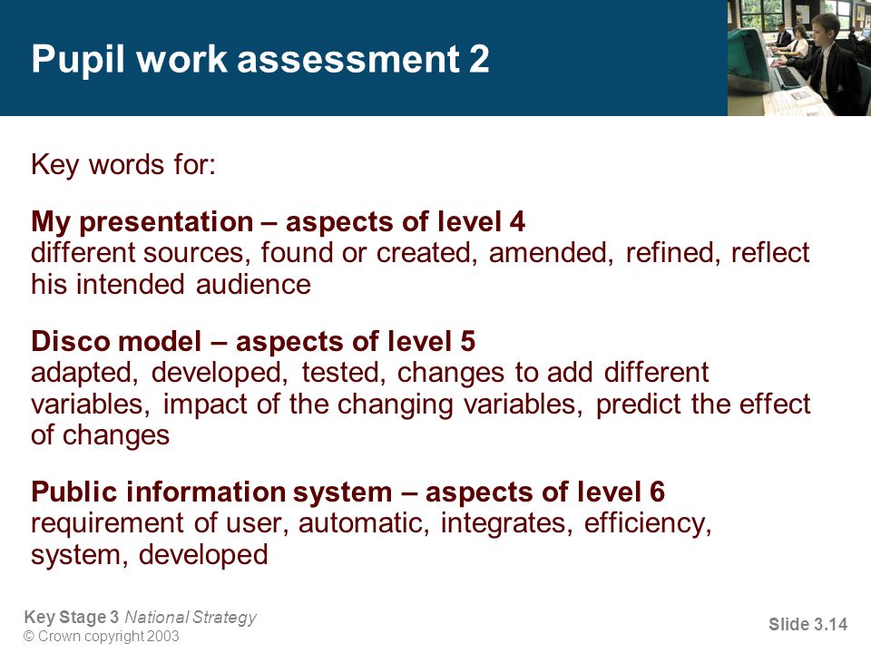 Key Stage 3 National Strategy © Crown copyright 2003 Slide 3.14 Pupil work assessment 2 Key words for: My presentation – aspects of level 4 different sources, found or created, amended, refined, reflect his intended audience Disco model – aspects of level 5 adapted, developed, tested, changes to add different variables, impact of the changing variables, predict the effect of changes Public information system – aspects of level 6 requirement of user, automatic, integrates, efficiency, system, developed