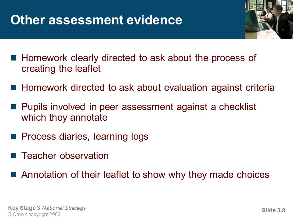 Key Stage 3 National Strategy © Crown copyright 2003 Slide 3.8 Other assessment evidence Homework clearly directed to ask about the process of creating the leaflet Homework directed to ask about evaluation against criteria Pupils involved in peer assessment against a checklist which they annotate Process diaries, learning logs Teacher observation Annotation of their leaflet to show why they made choices