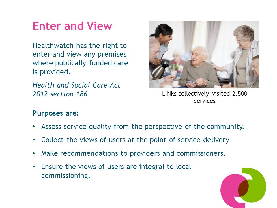 Enter and View Healthwatch has the right to enter and view any premises where publically funded care is provided.