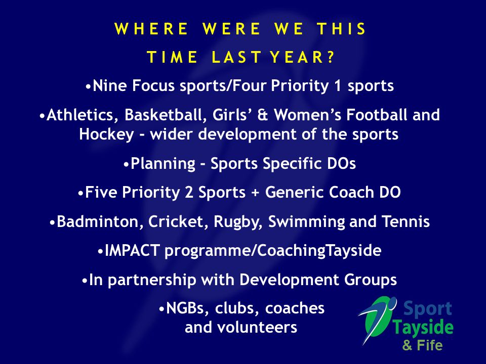 Nine Focus sports/Four Priority 1 sports Athletics, Basketball, Girls’ & Women’s Football and Hockey - wider development of the sports Planning - Sports Specific DOs Five Priority 2 Sports + Generic Coach DO Badminton, Cricket, Rugby, Swimming and Tennis IMPACT programme/CoachingTayside In partnership with Development Groups T I M E L A S T Y E A R .