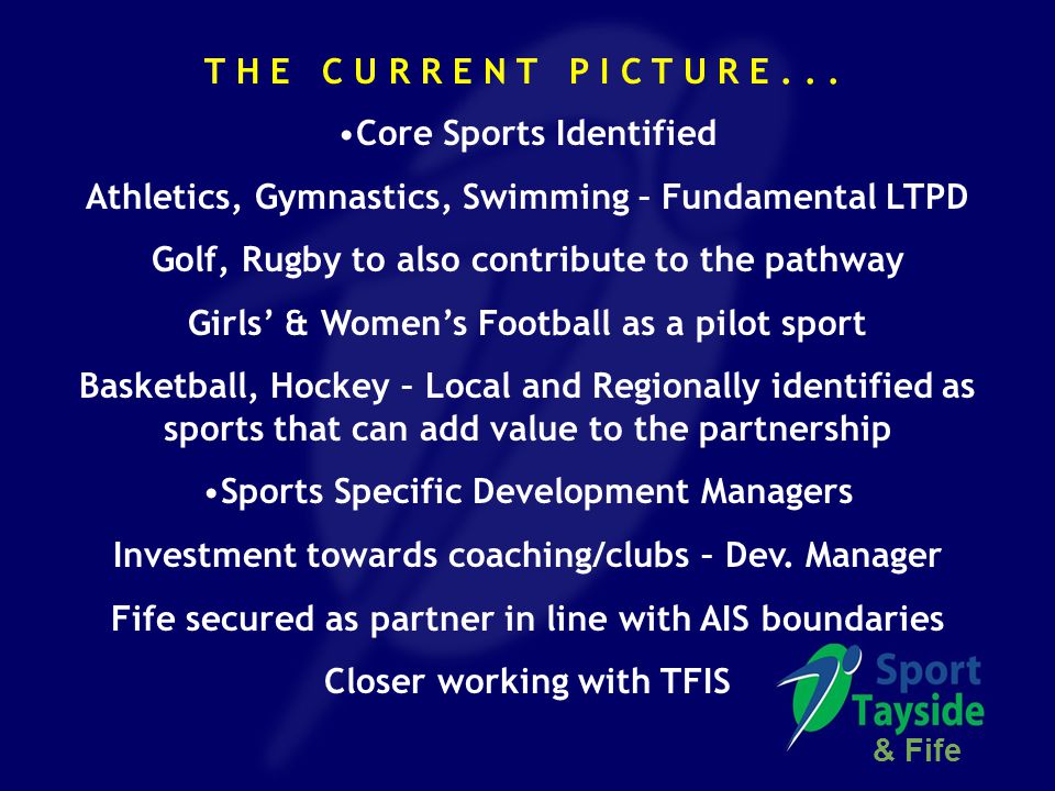 Core Sports Identified Athletics, Gymnastics, Swimming – Fundamental LTPD Golf, Rugby to also contribute to the pathway Girls’ & Women’s Football as a pilot sport Basketball, Hockey – Local and Regionally identified as sports that can add value to the partnership Sports Specific Development Managers Investment towards coaching/clubs – Dev.