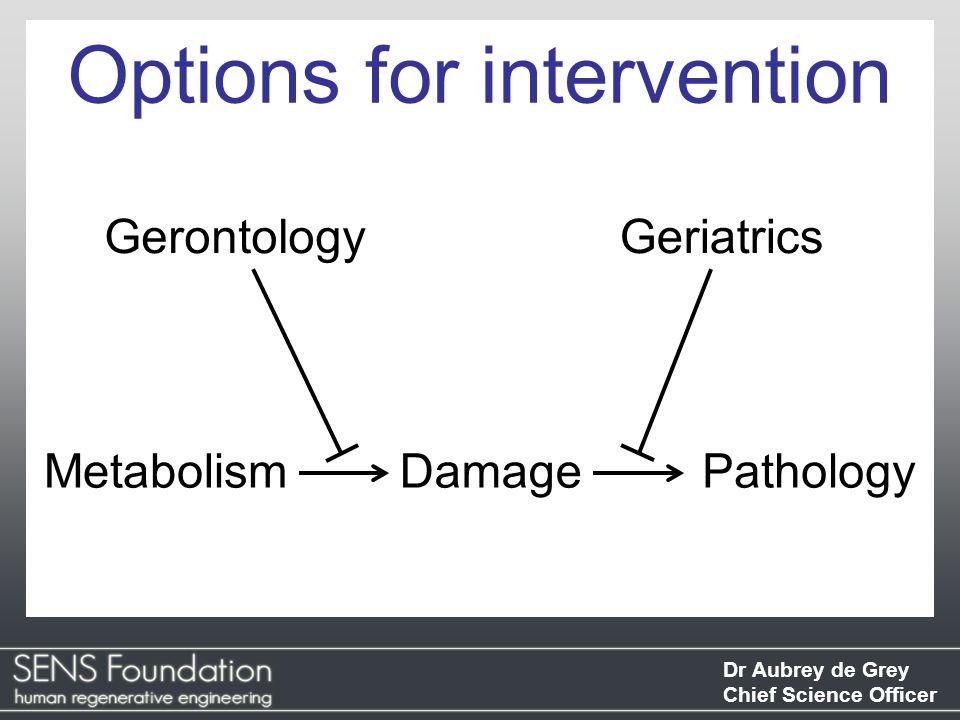 Dr Aubrey de Grey Chief Science Officer Pathology Options for intervention GerontologyGeriatrics MetabolismDamage