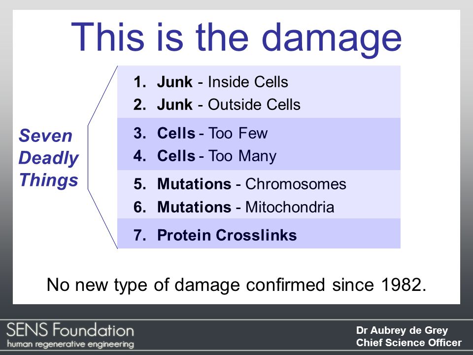Dr Aubrey de Grey Chief Science Officer This is the damage No new type of damage confirmed since 1982.