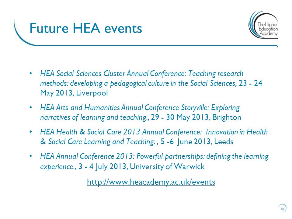 HEA Social Sciences Cluster Annual Conference: Teaching research methods: developing a pedagogical culture in the Social Sciences, May 2013, Liverpool HEA Arts and Humanities Annual Conference Storyville: Exploring narratives of learning and teaching., May 2013, Brighton HEA Health & Social Care 2013 Annual Conference: Innovation in Health & Social Care Learning and Teaching:, 5 -6 June 2013, Leeds HEA Annual Conference 2013: Powerful partnerships: defining the learning experience., July 2013, University of Warwick   10 Future HEA events