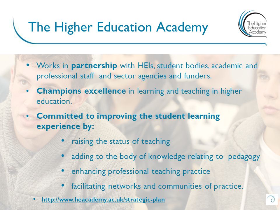 3 Works in partnership with HEIs, student bodies, academic and professional staff and sector agencies and funders.