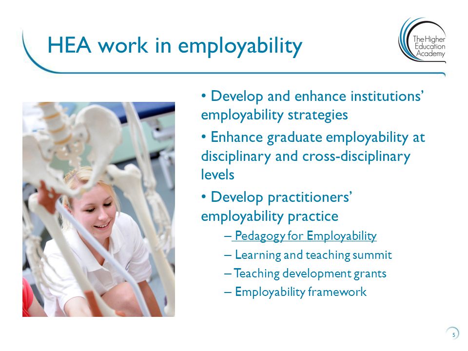 5 HEA work in employability Develop and enhance institutions’ employability strategies Enhance graduate employability at disciplinary and cross-disciplinary levels Develop practitioners’ employability practice – Pedagogy for Employability Pedagogy for Employability – Learning and teaching summit – Teaching development grants – Employability framework