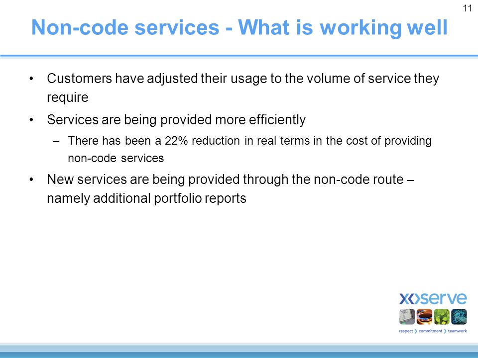 11 Non-code services - What is working well Customers have adjusted their usage to the volume of service they require Services are being provided more efficiently –There has been a 22% reduction in real terms in the cost of providing non-code services New services are being provided through the non-code route – namely additional portfolio reports