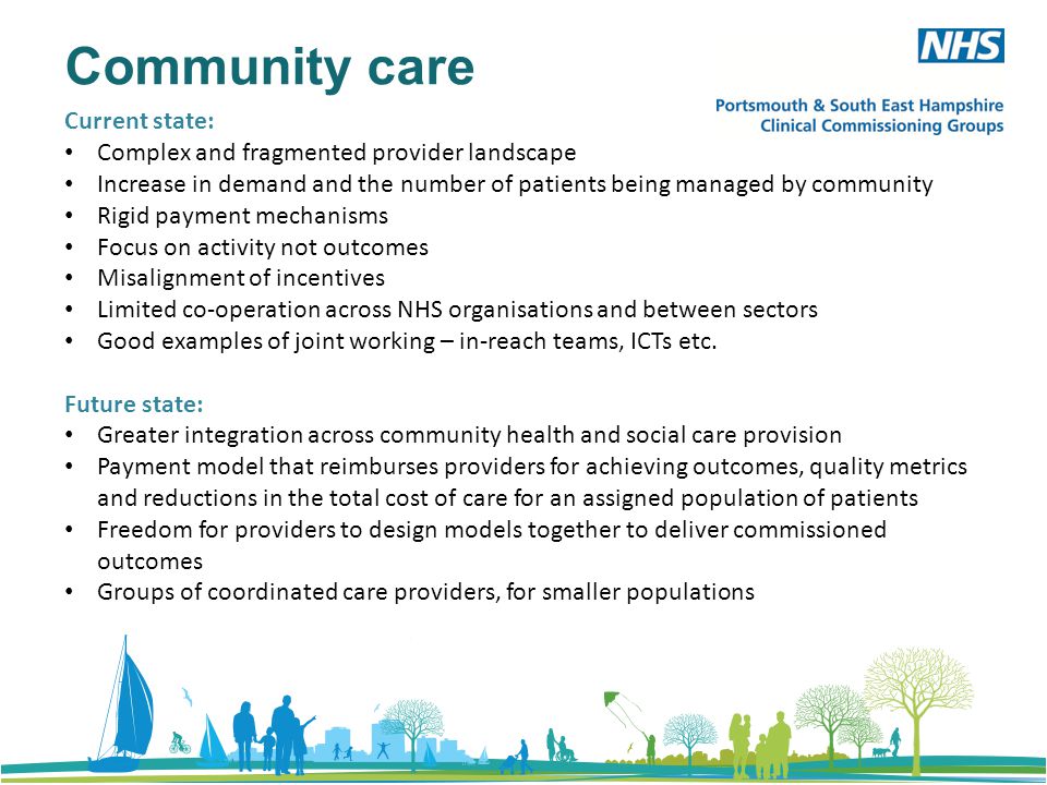 Community care Current state: Complex and fragmented provider landscape Increase in demand and the number of patients being managed by community Rigid payment mechanisms Focus on activity not outcomes Misalignment of incentives Limited co-operation across NHS organisations and between sectors Good examples of joint working – in-reach teams, ICTs etc.