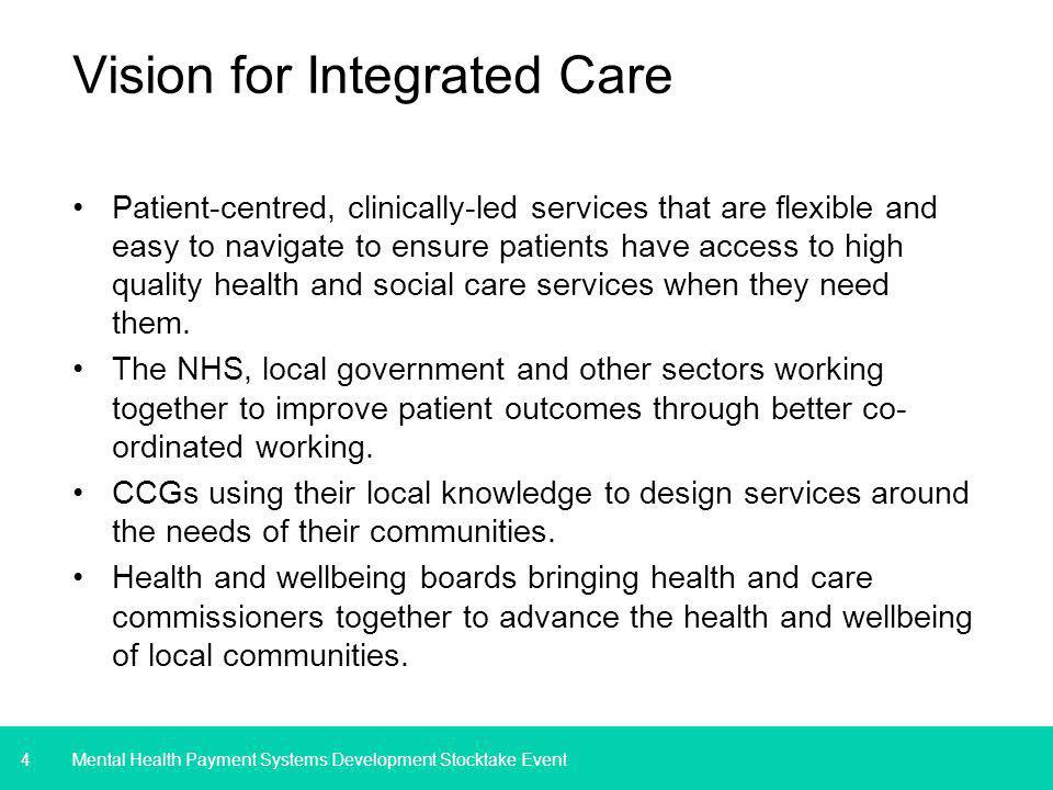 4 Vision for Integrated Care Patient-centred, clinically-led services that are flexible and easy to navigate to ensure patients have access to high quality health and social care services when they need them.