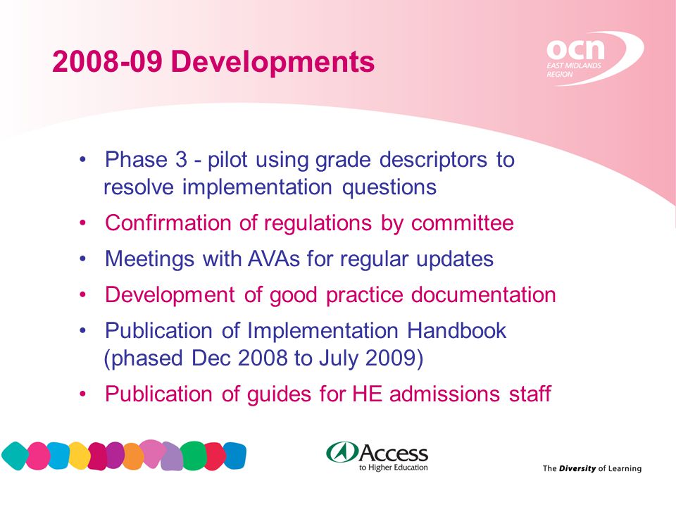 Developments Phase 3 - pilot using grade descriptors to resolve implementation questions Confirmation of regulations by committee Meetings with AVAs for regular updates Development of good practice documentation Publication of Implementation Handbook (phased Dec 2008 to July 2009) Publication of guides for HE admissions staff