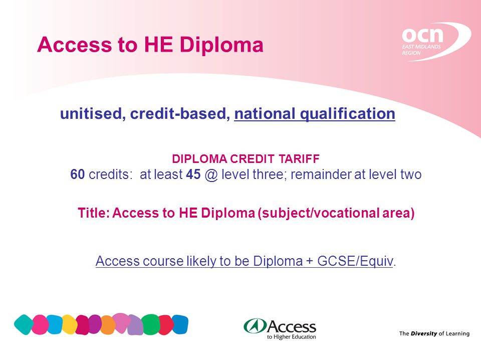 3 Access to HE Diploma unitised, credit-based, national qualification DIPLOMA CREDIT TARIFF 60 credits: at least level three; remainder at level two Title: Access to HE Diploma (subject/vocational area) Access course likely to be Diploma + GCSE/Equiv.