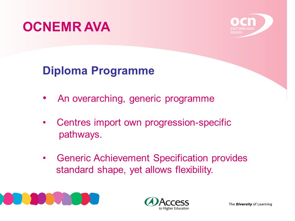 5 OCNEMR AVA Diploma Programme An overarching, generic programme Centres import own progression-specific pathways.