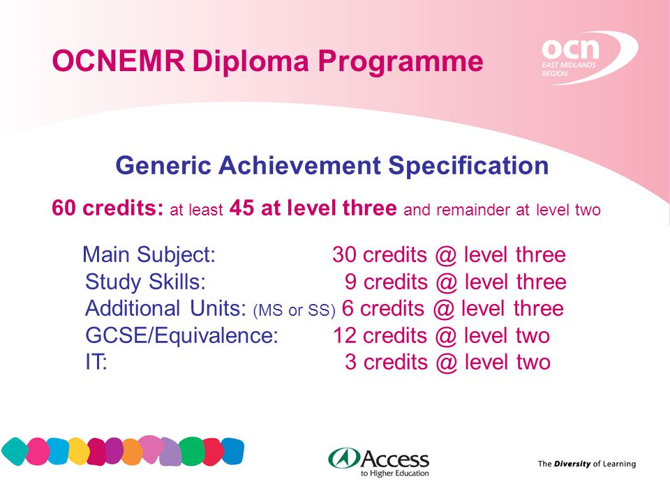 7 OCNEMR Diploma Programme Generic Achievement Specification 60 credits: at least 45 at level three and remainder at level two Main Subject: 30 level three Study Skills: 9 level three Additional Units: (MS or SS) 6 level three GCSE/Equivalence: 12 level two IT: 3 level two