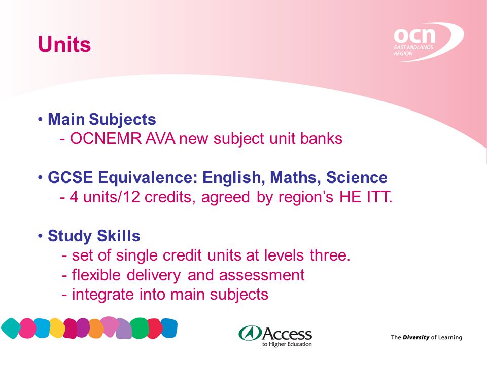 8 Units Main Subjects - OCNEMR AVA new subject unit banks GCSE Equivalence: English, Maths, Science - 4 units/12 credits, agreed by region’s HE ITT.