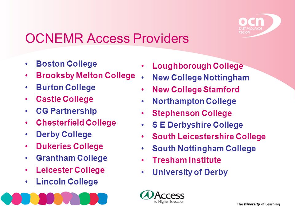 9 OCNEMR Access Providers Boston College Brooksby Melton College Burton College Castle College CG Partnership Chesterfield College Derby College Dukeries College Grantham College Leicester College Lincoln College Loughborough College New College Nottingham New College Stamford Northampton College Stephenson College S E Derbyshire College South Leicestershire College South Nottingham College Tresham Institute University of Derby