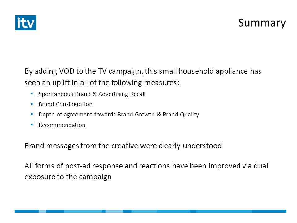 Summary By adding VOD to the TV campaign, this small household appliance has seen an uplift in all of the following measures:  Spontaneous Brand & Advertising Recall  Brand Consideration  Depth of agreement towards Brand Growth & Brand Quality  Recommendation Brand messages from the creative were clearly understood All forms of post-ad response and reactions have been improved via dual exposure to the campaign