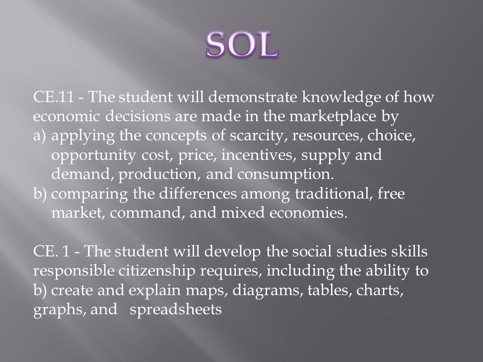 CE.11 - The student will demonstrate knowledge of how economic decisions are made in the marketplace by a)applying the concepts of scarcity, resources, choice, opportunity cost, price, incentives, supply and demand, production, and consumption.